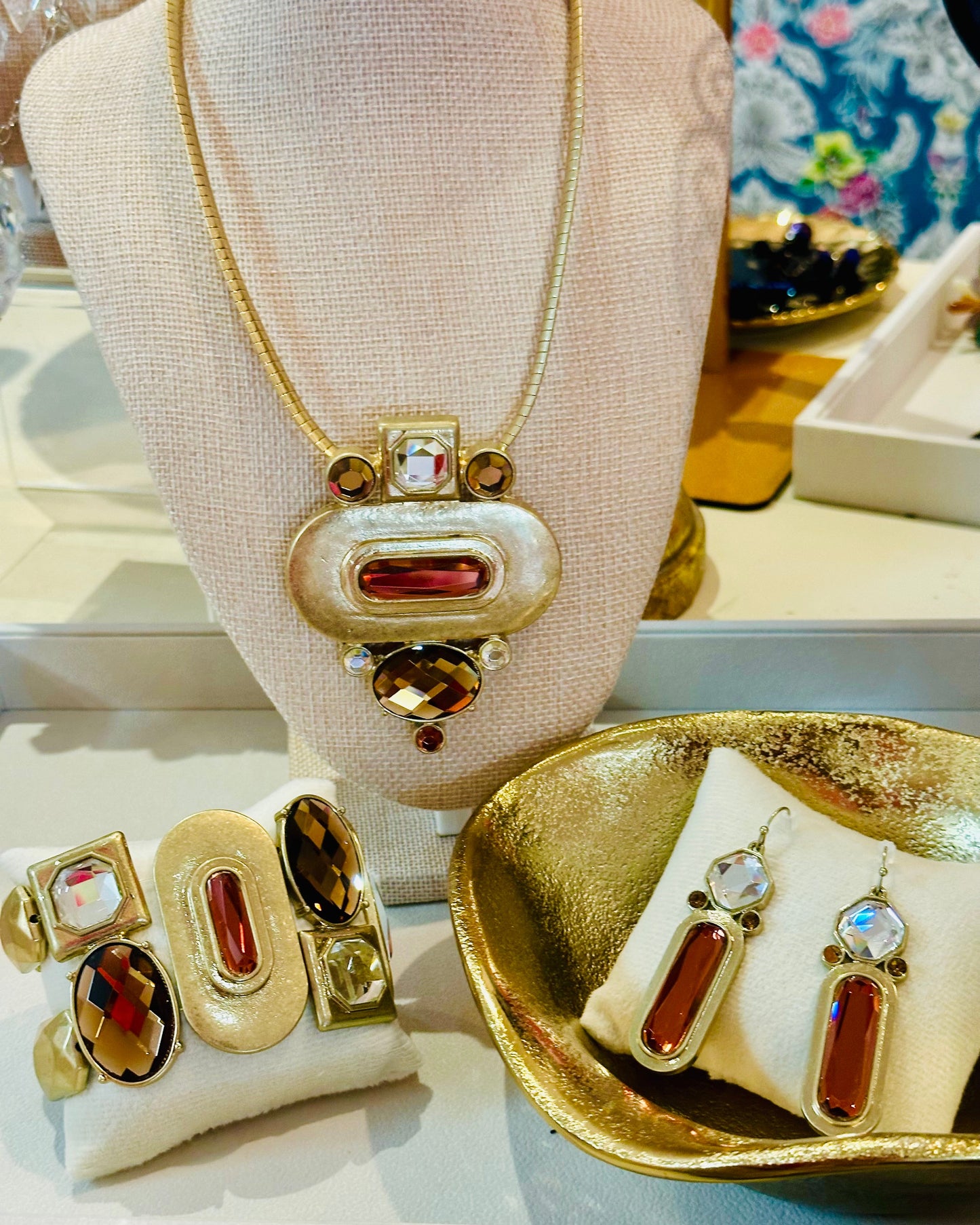 Vintage Bold Gold-Tone Geometric Statement Jewelry 3-Piece Set
