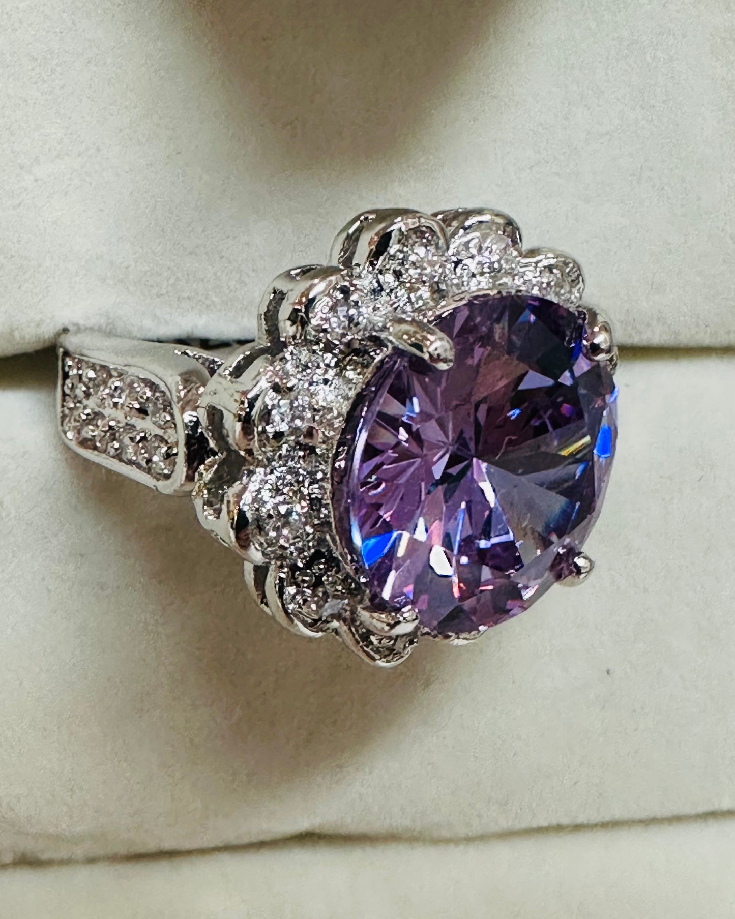 Vintage-Inspired Floral Halo Statement Ring with Purple Cubic Zirconia