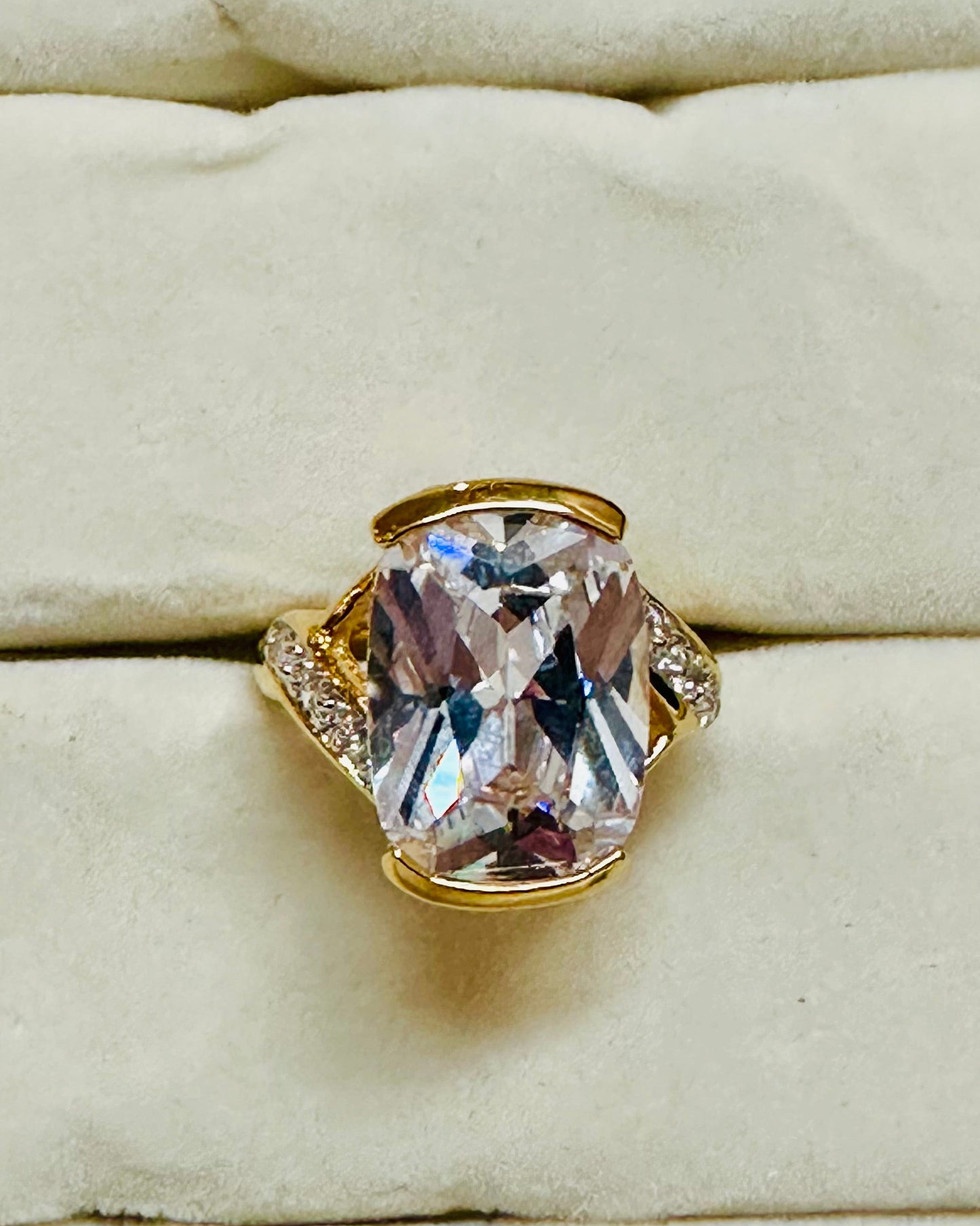 Vintage 18K Gold Cushion-Cut CZ Cocktail Ring