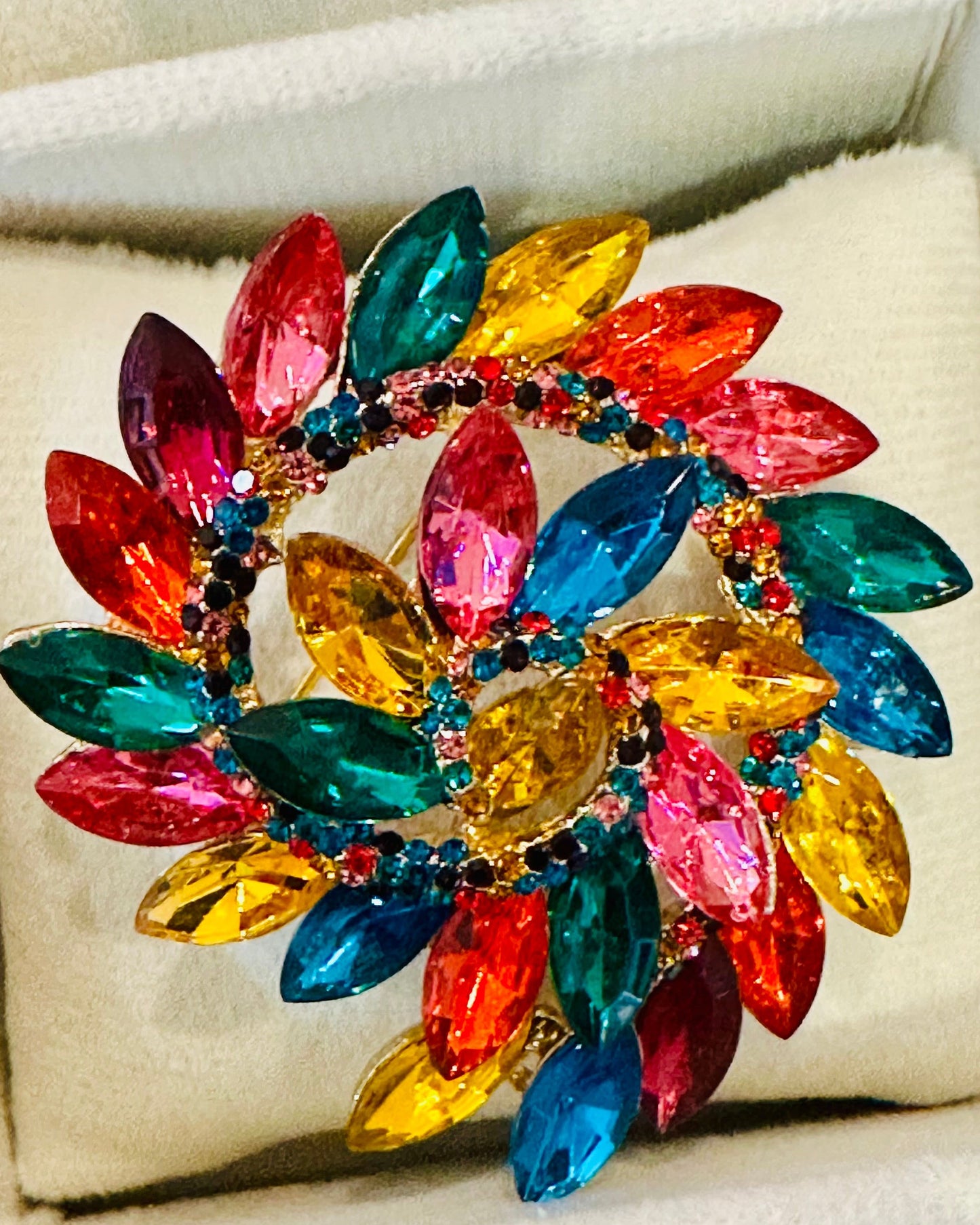 Vintage Rainbow Rhinestone Pin Wheel Brooch