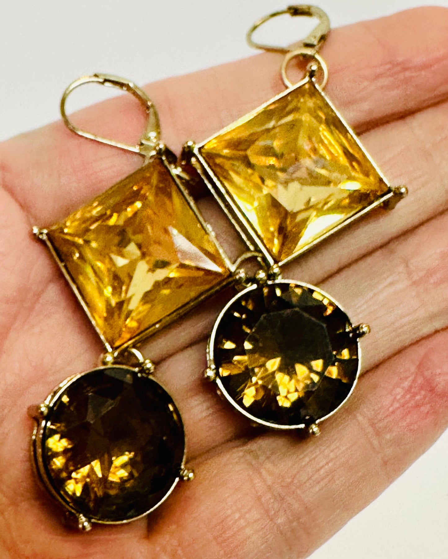 Vintage Two-Tone Citrine & Smoky Topaz Crystal Dangle Earrings