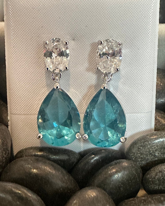 Vintage Oceanside Teardrop Earrings – Paraíba Blue & Oval CZ Drop