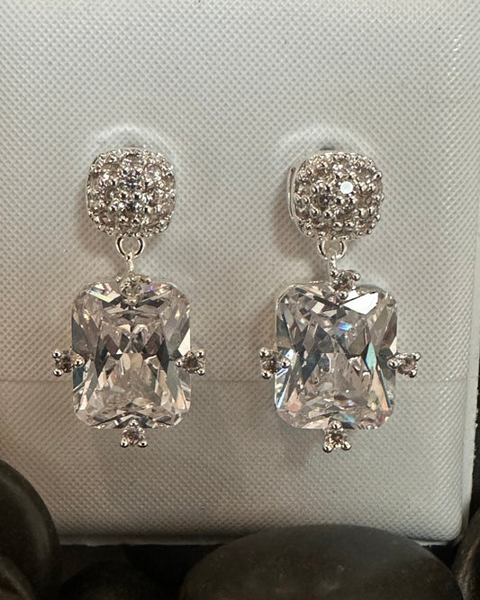 Vintage Emerald-Cut CZ Drop Silver Earrings