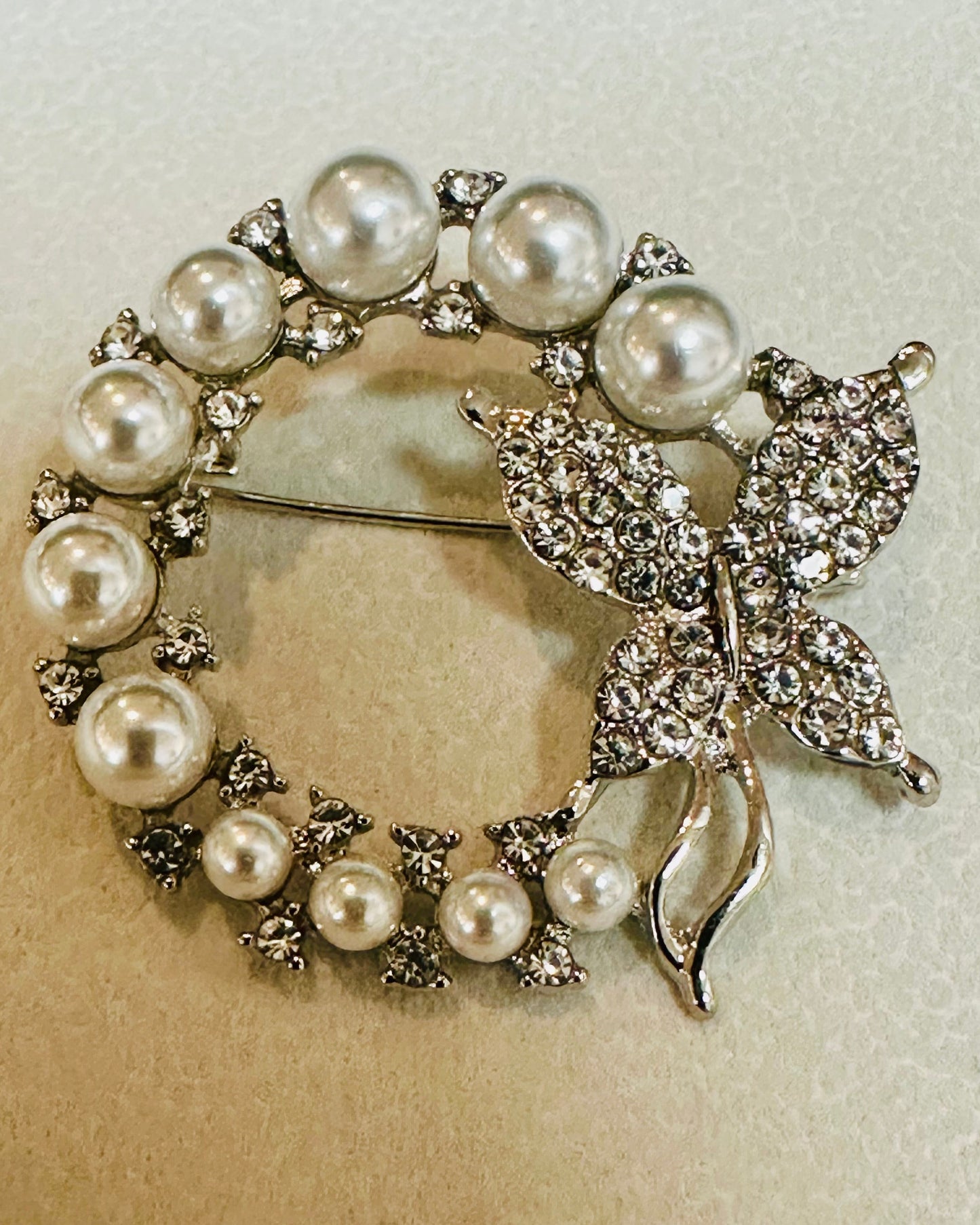 Vintage Pavé Butterfly & Pearl Wreath Brooch