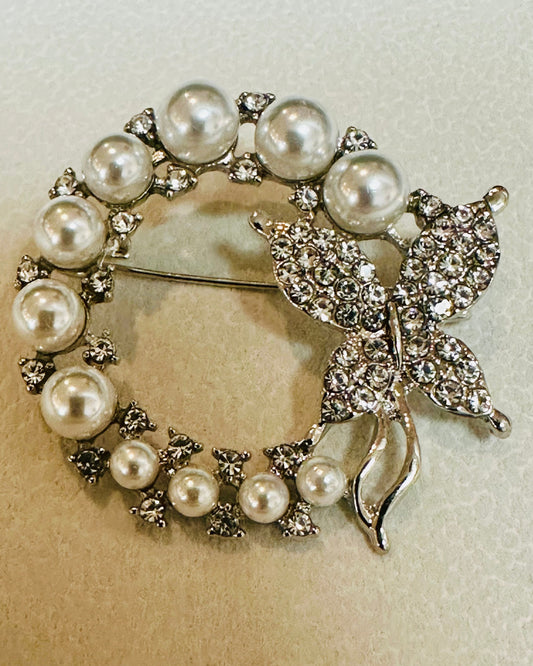 Vintage Pavé Butterfly & Pearl Wreath Brooch