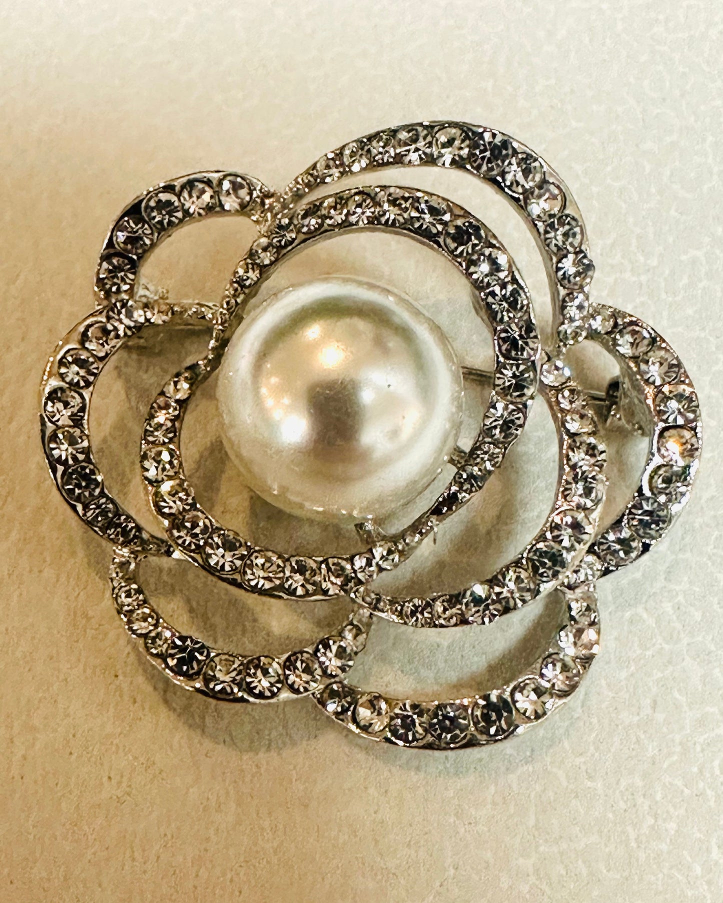 Vintage Pavé Camellia & Focal Pearl Statement Brooch