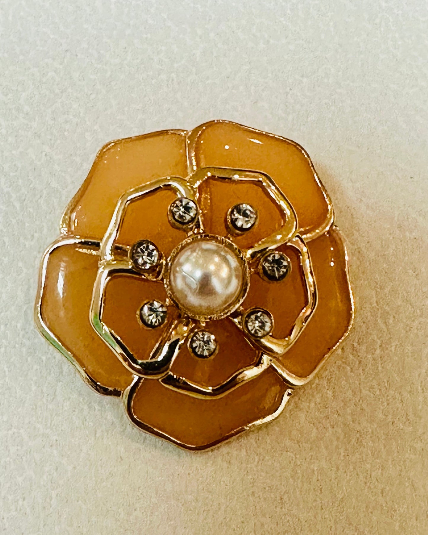 Vintage Caramel Enamel Camellia Medallion Brooch