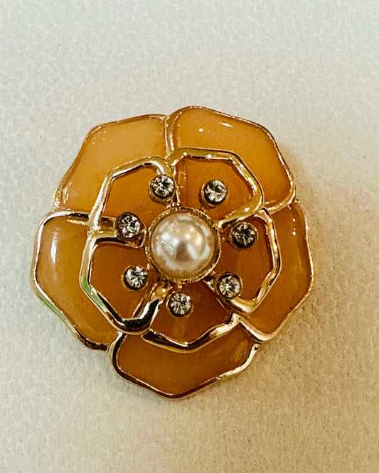 Vintage Caramel Enamel Camellia Medallion Brooch