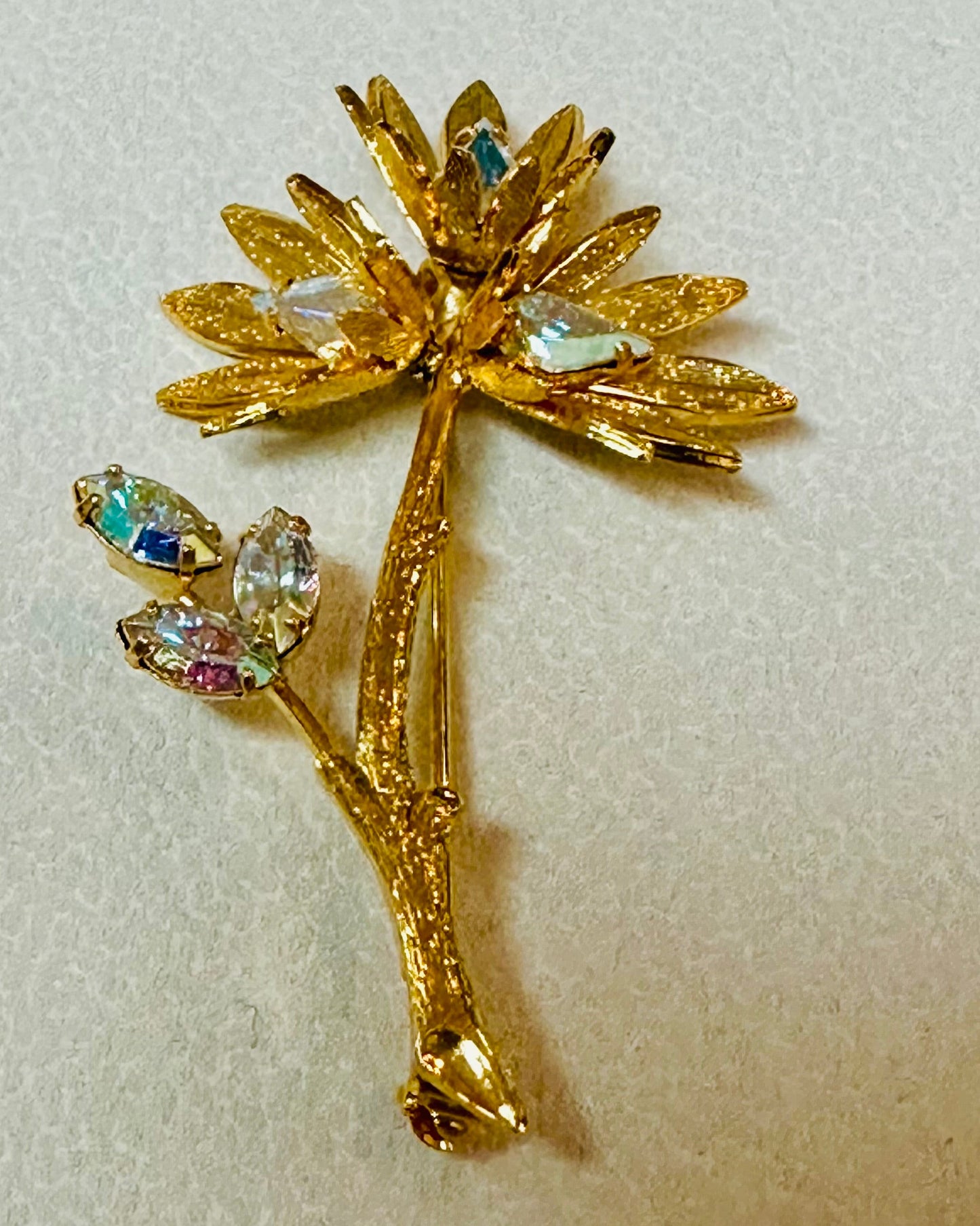 Vintage Textured Gilded Thistle & Aurora Crystal Brooch