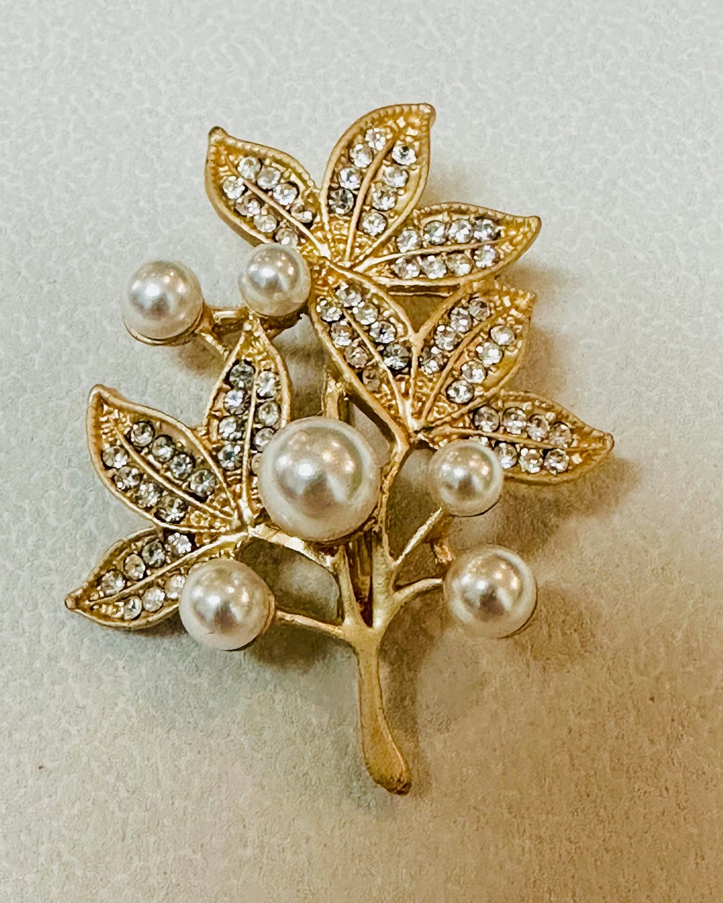 Vintage Pavé Leaf & Pearl Branch Brooch