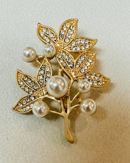 Vintage Pavé Leaf & Pearl Branch Brooch