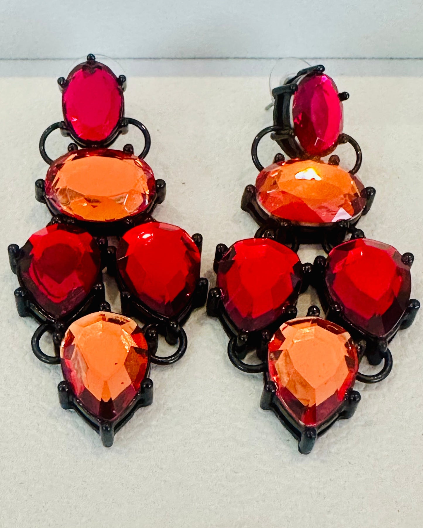 Vintage Flame Red & Orange Rhinestone Chandelier Earrings