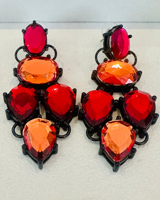 Vintage Flame Red & Orange Rhinestone Chandelier Earrings