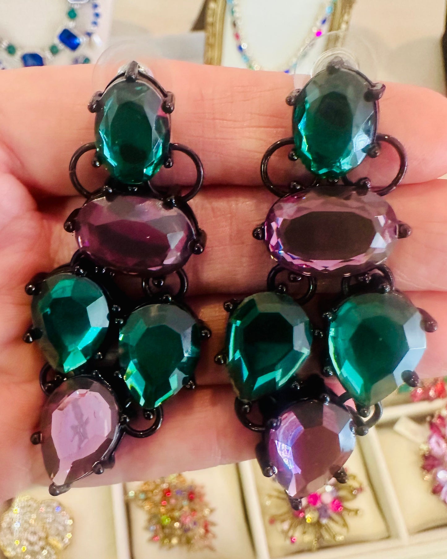 Vintage Emerald & Lavender Rhinestone Chandelier Earrings