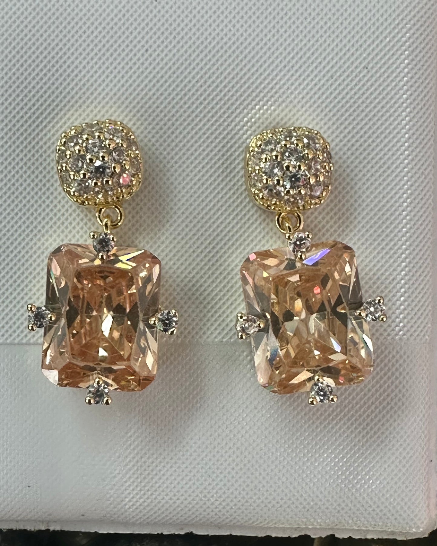 Vintage Emerald-Cut CZ Drop Gold Earrings