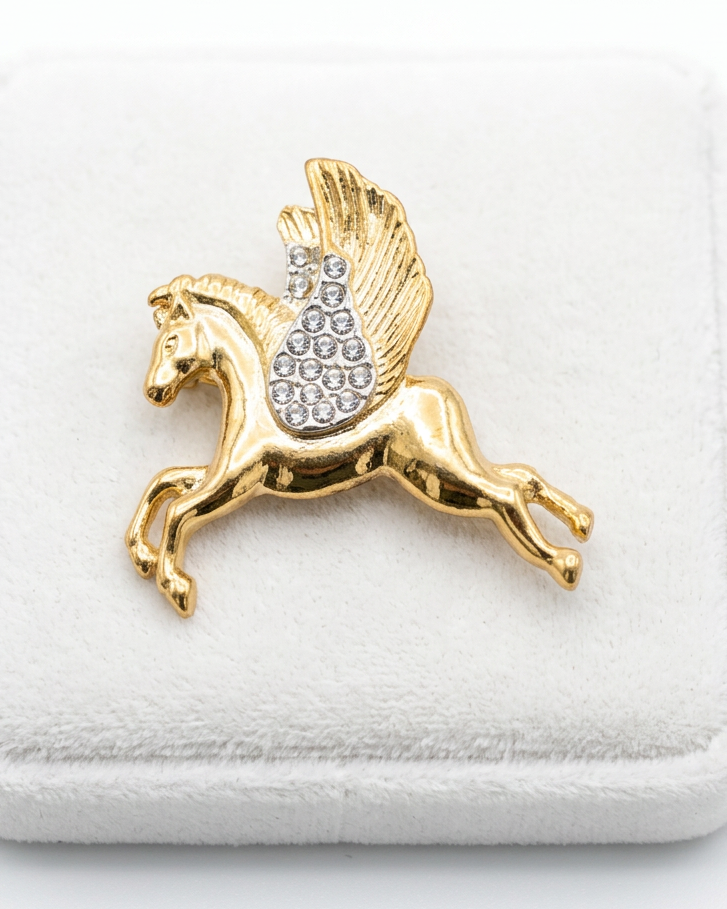 Vintage Polished Gold & Pavé Crystal Pegasus Brooch