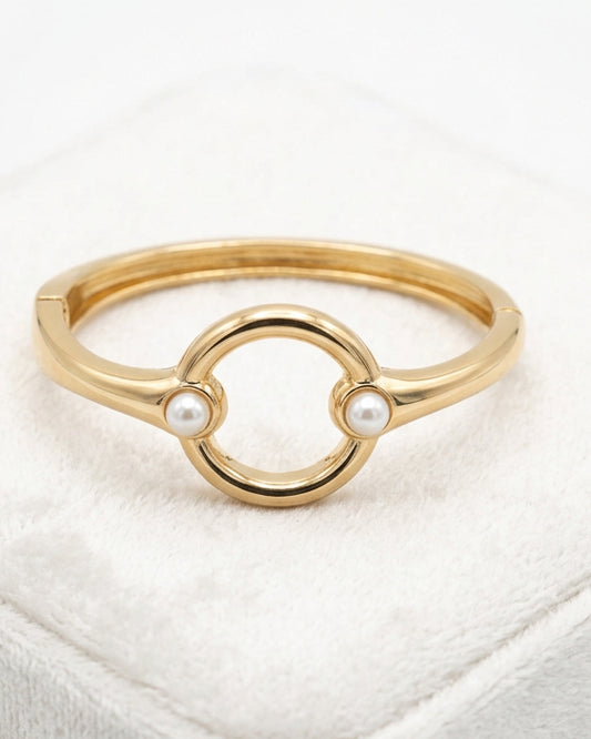 Vintage Polished Gold Open-Circle Faux Pearl Hinged Bangle