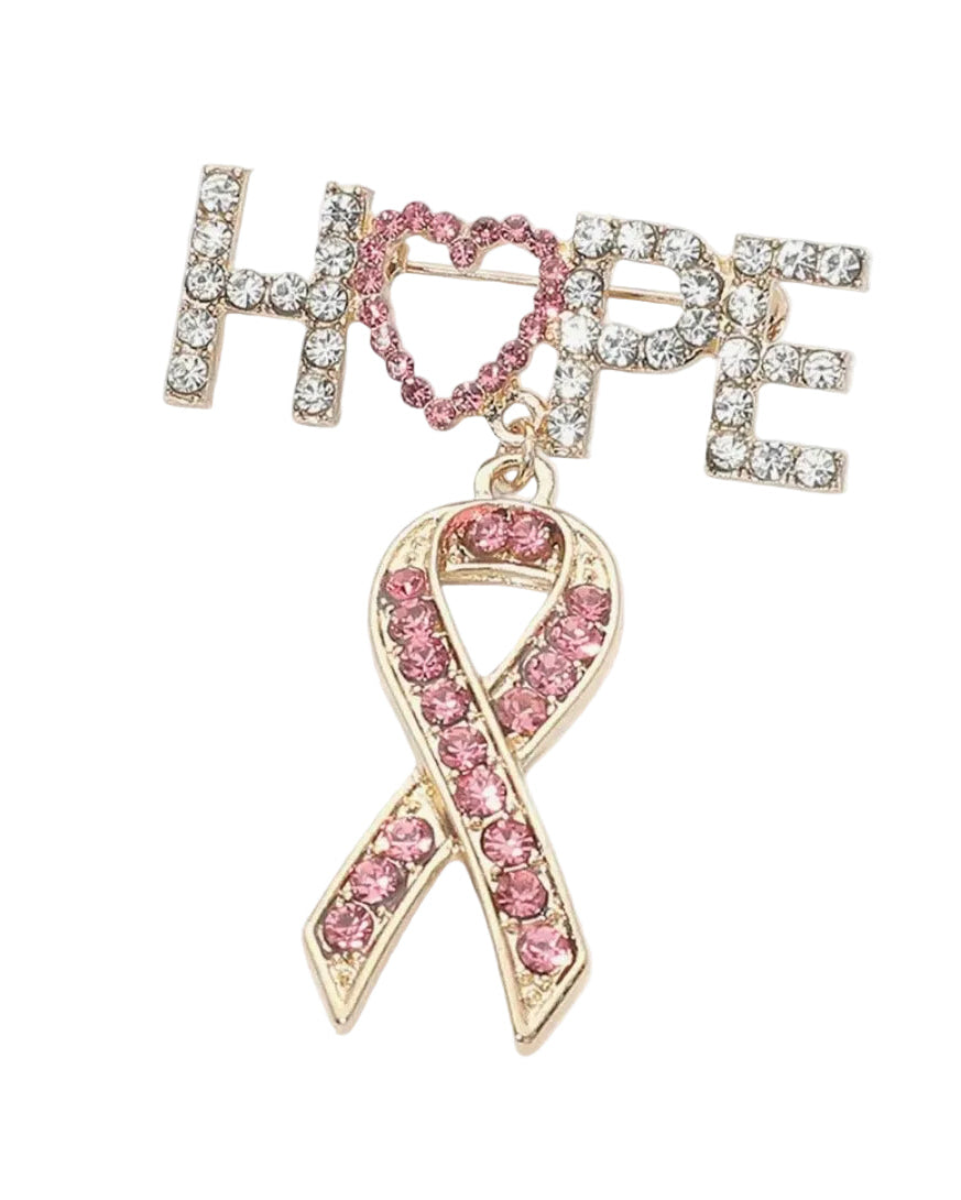 Rhinestone Hope Pink Awareness Ribbon Pin Brooch