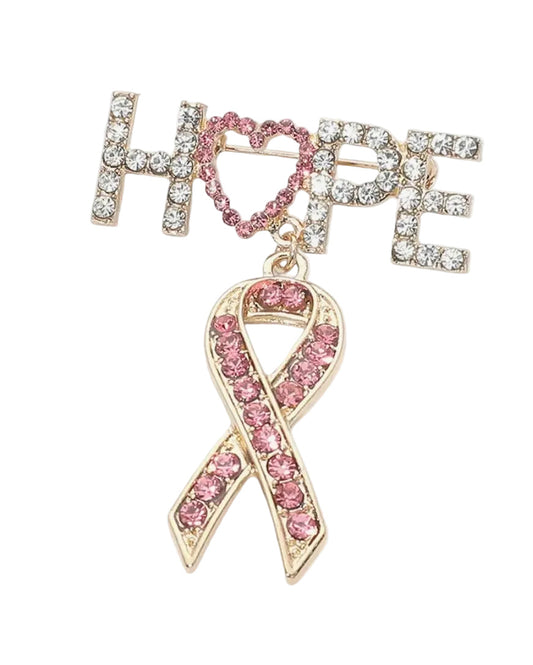 Rhinestone Hope Pink Awareness Ribbon Pin Brooch