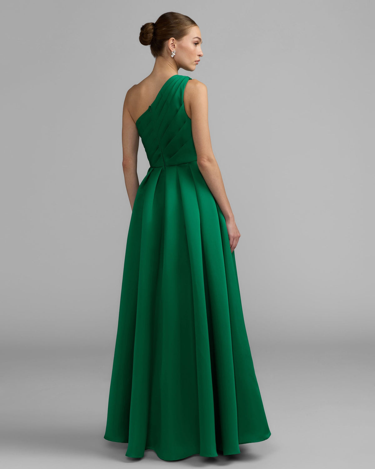 Emerald One Shoulder Satin Gown With Overskirt