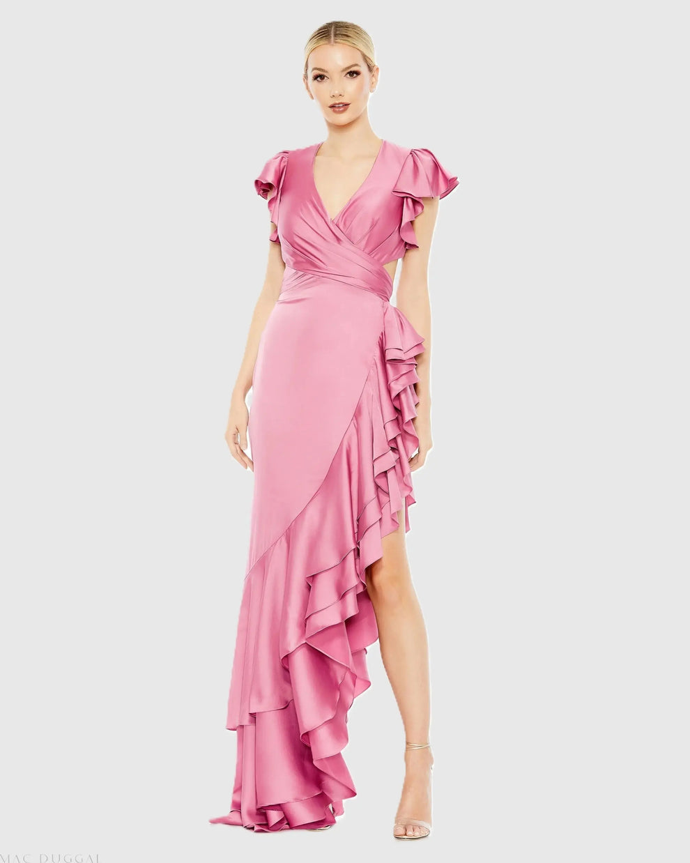 Flounce Flutter Sleeve Cut Out Asymmetrical Ruffled Gown