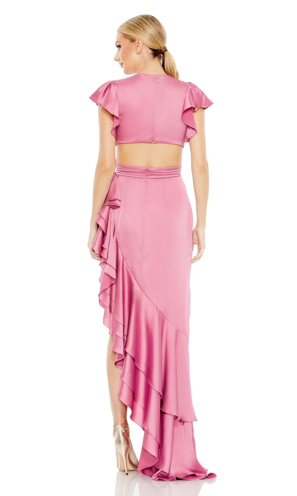 Flounce Flutter Sleeve Cut Out Asymmetrical Ruffled Gown