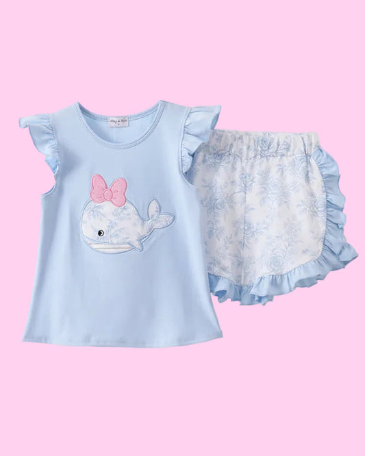 Blue Whale Applique Ruffle Shorts Set