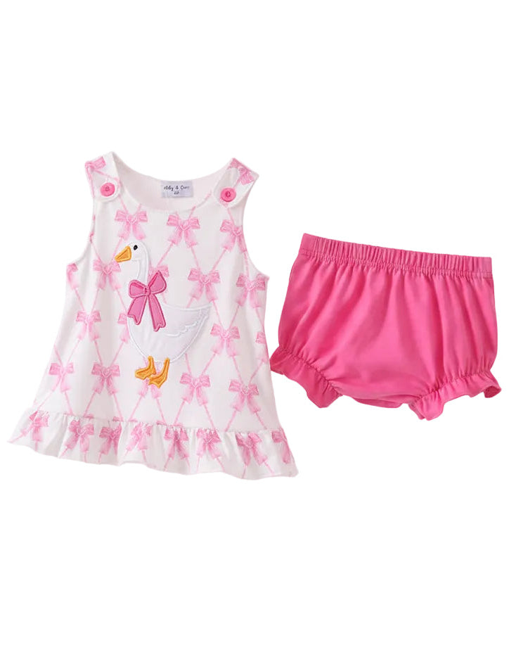 Pink Bow Goose Applique Bloomer Set
