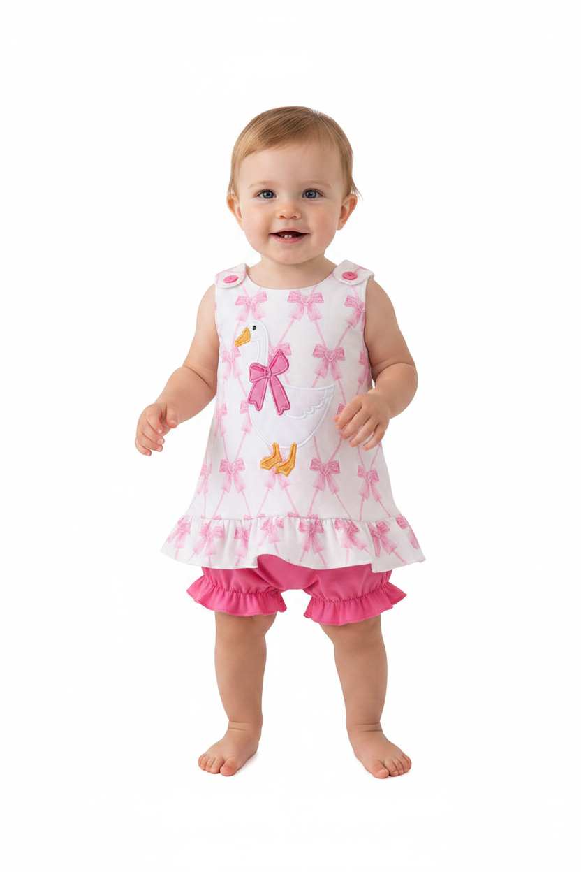 Pink Bow Goose Applique Bloomer Set