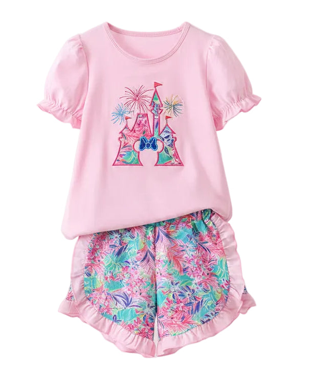 Pink Castle Applique Shorts Set