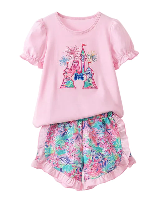 Pink Castle Applique Shorts Set