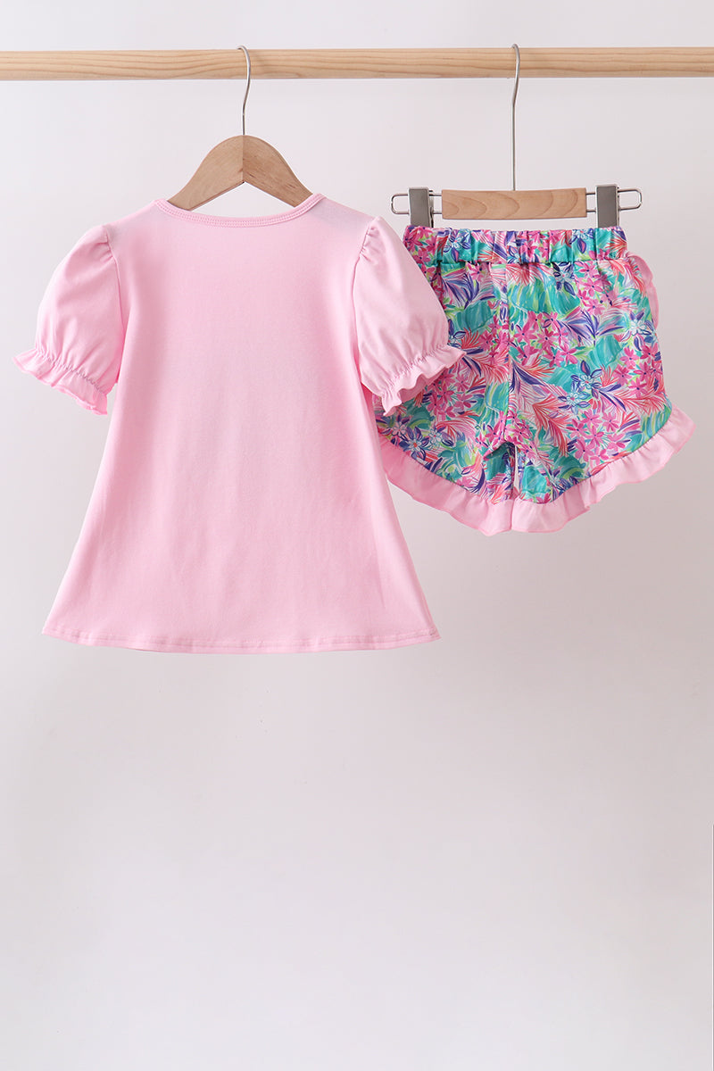 Pink Castle Applique Shorts Set