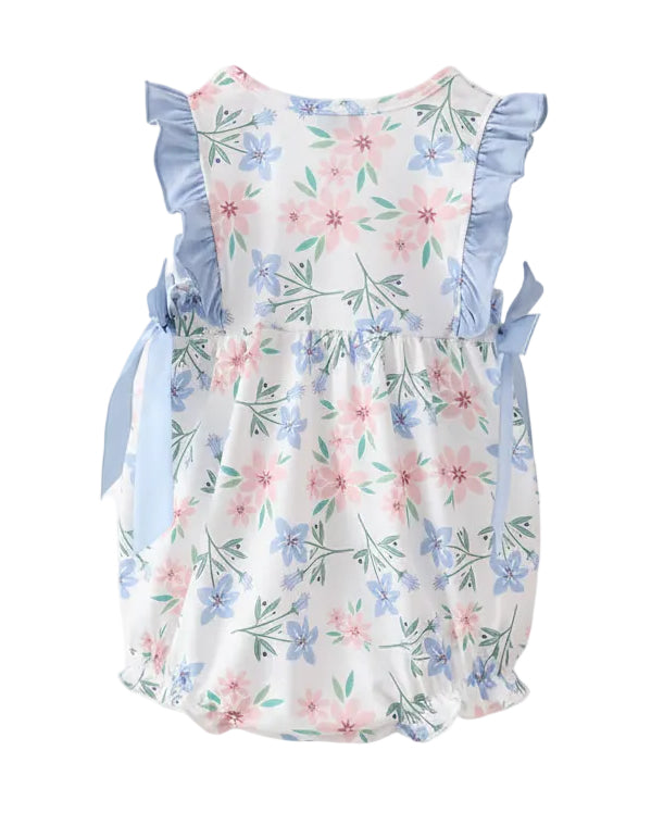 Blue Floral Smocked Ruffle Bubble