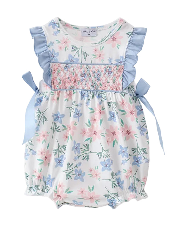 Blue Floral Smocked Ruffle Bubble