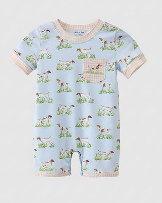 Blue Puppy Embroidered Pocket Romper