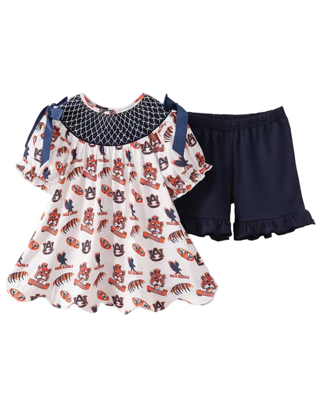 Navy Auburn Smocked Scalloped Shorts Set