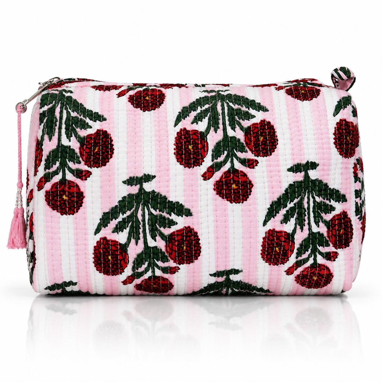 Pink Stripe Cotton Quilted Cosmetic Set
