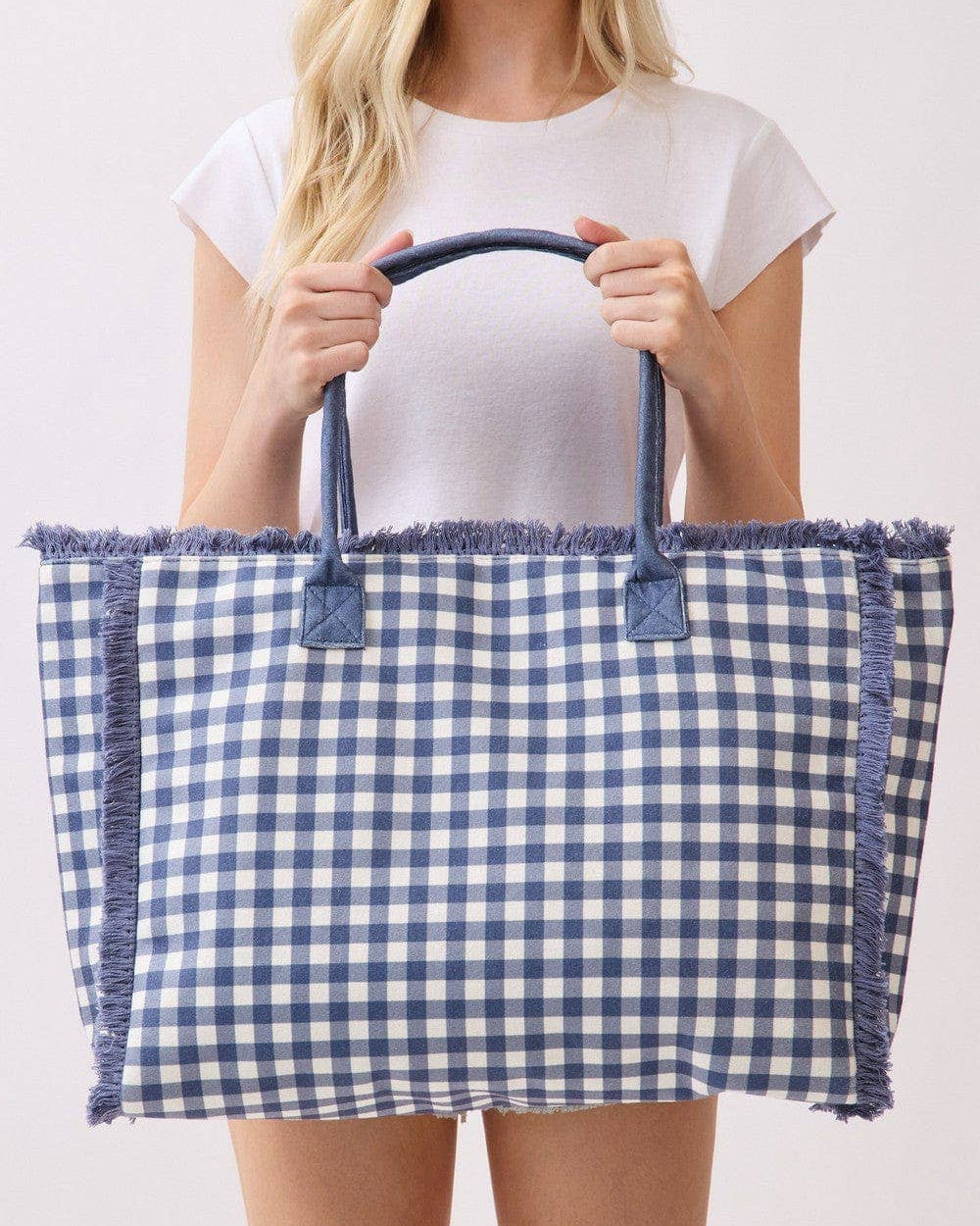 Navy Gingham Beach Tote Bag