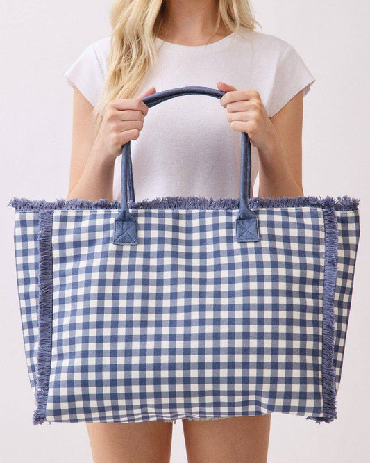 Navy Gingham Beach Tote Bag