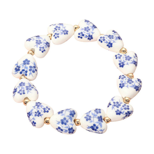 Flower Ceramic Heart Beaded Stretch Bracelet