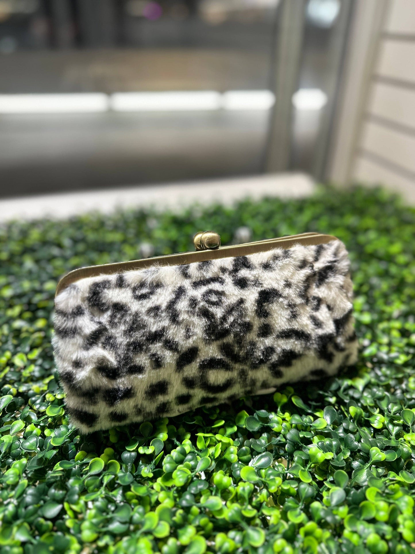 Leopard Faux Fur Kiss Lock Clutch