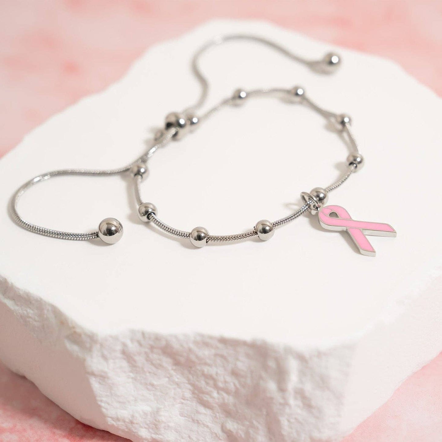 Breast Cancer Awareness Adjustable Ribbon Charm Bracelet