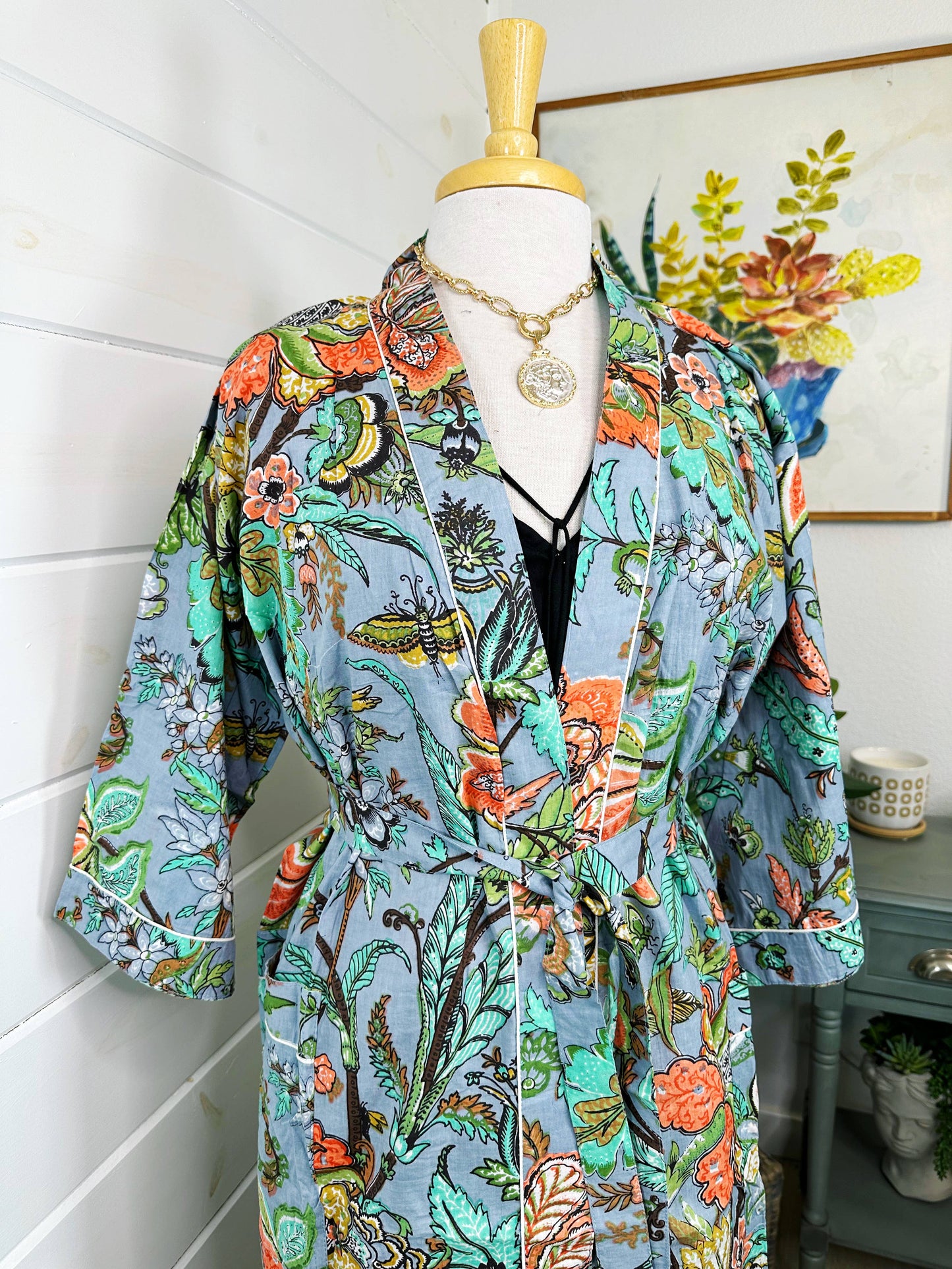 Gray Tropical Kimono Robe