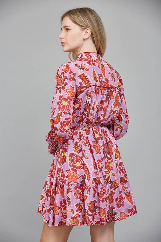 Long Sleeve Lavender Print Mini Dress