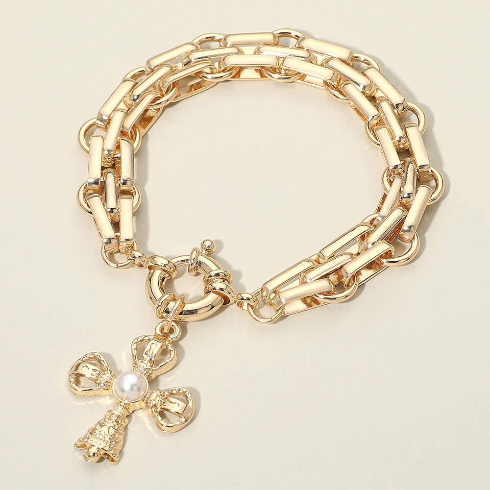 Pearl Cross Chunky Link Chain Bracelet
