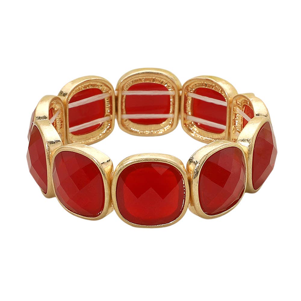 Round Square Glass Stone Frame Beaded Stretch Bracelet
