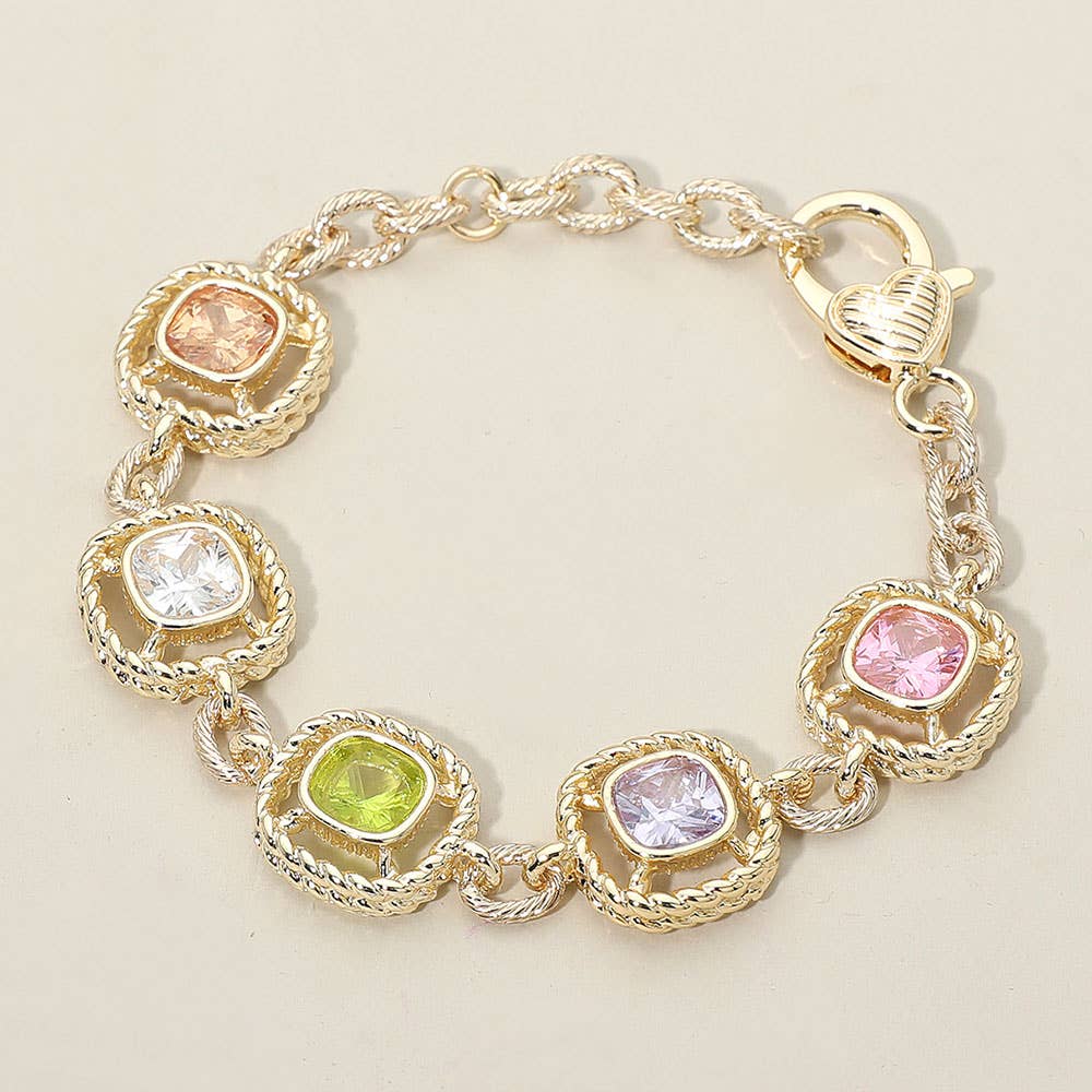 14K Gold Color Stone Cushion Link Bracelet