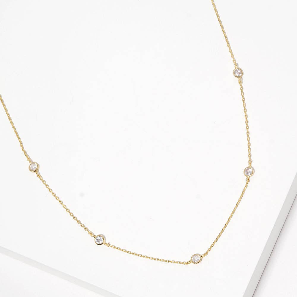 Gold Dipped Brass Metal Round CZ Station Necklace
