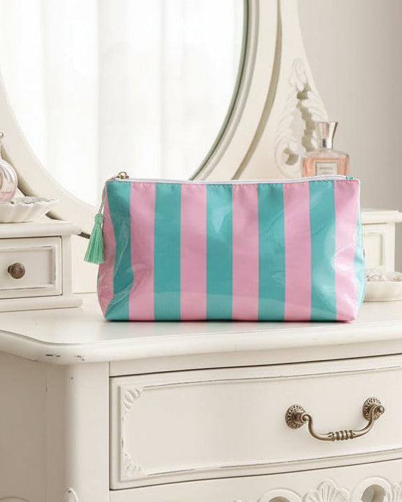 Pink & Green Waterproof Fun Stripes Cosmetic Case