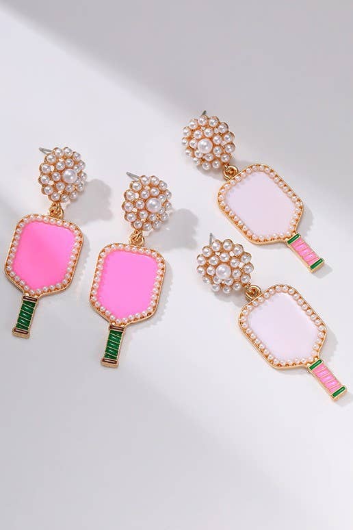 Pickleball Pearl Racket Drop Pink Earrings